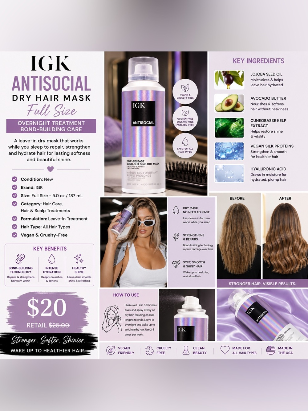 GK Antisocial Hair Mask Spray - Lavender Holographic Bottle